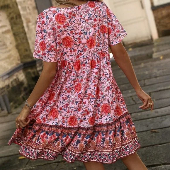 Boho Floral Print Tie Neck Smock Mini Dress - Picture 3 of 5
